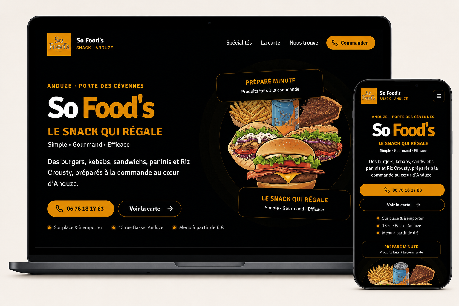 Présentation du site So Food's sur ordinateur et mobile